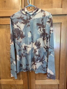 Anthropologie Blue and Brown Sheer Floral Mesh Top